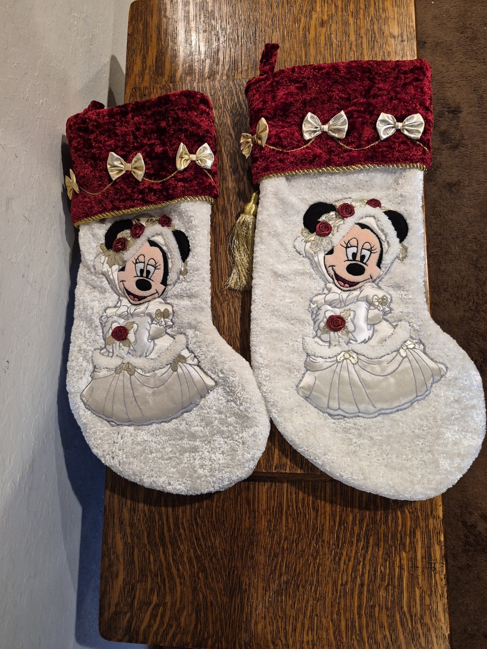 Set of Two Vintage Disney Victorian Minnie Mouse Christmas Stockings.